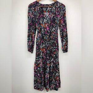Gap size 4 Women’s Black Floral Long Sleeve Tiered V-neck Faux Wrap Midi Dress